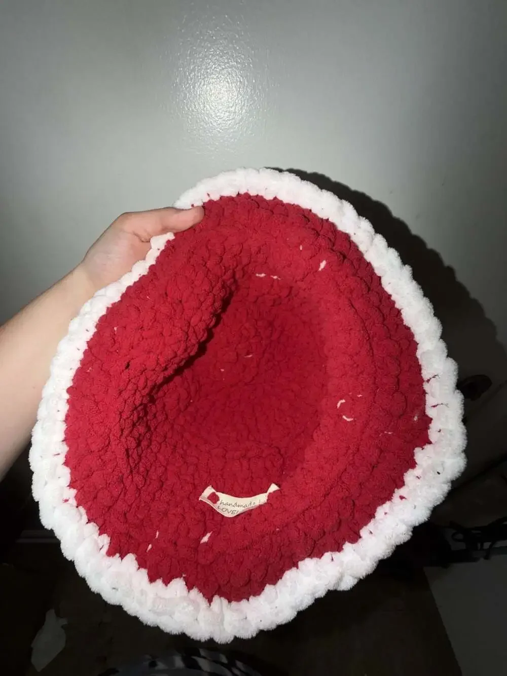 Handmade Crochet Mushroom Bucket Hat with Red and White Yarn